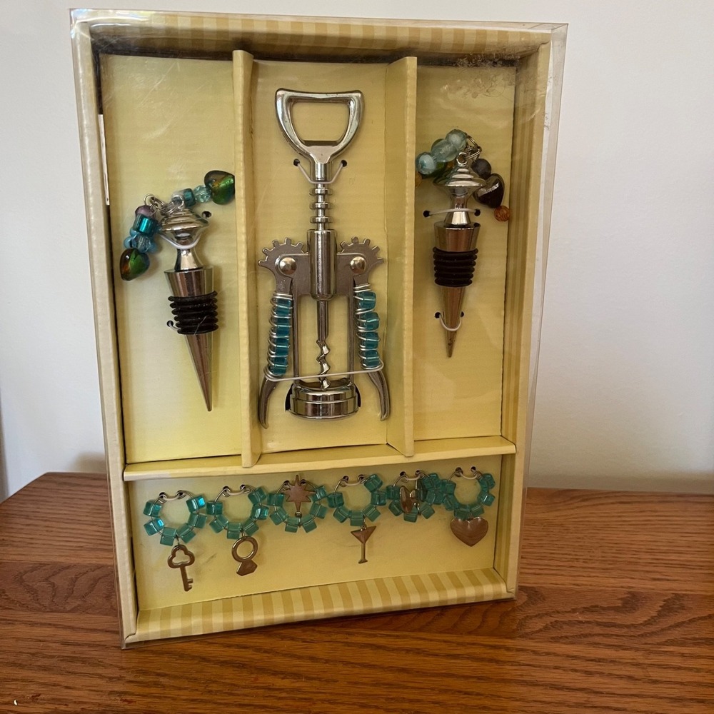 Boston Warehouse Wine Bottle Opener Stopper Wine Charms 9 Pc Gift Set NIB